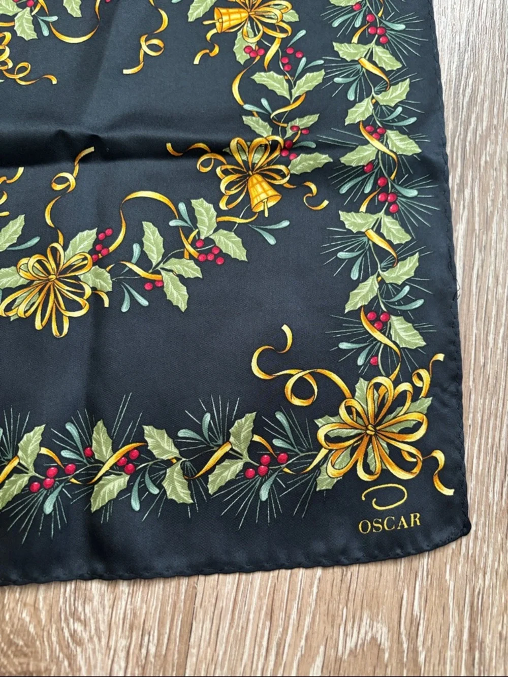 Vintage Oscar de la Renta silk scarf, Holiday/Christmas Wreath/Bell 11.5” x 53”